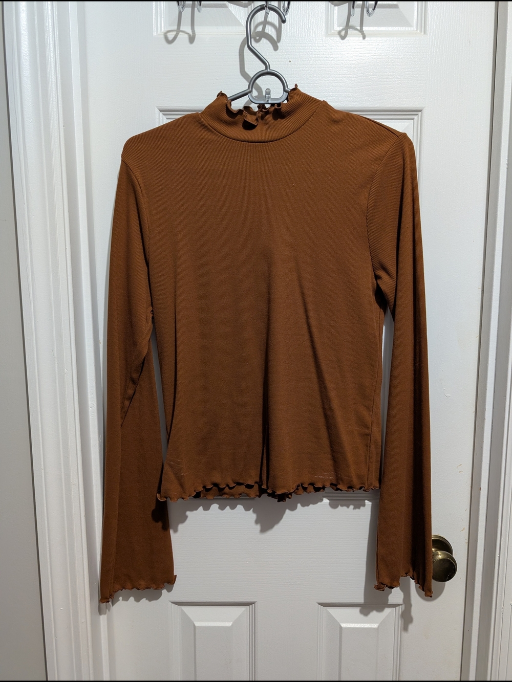 Old Navy Brown Lettuce-Edge Mock Neck Long Sleeve Top